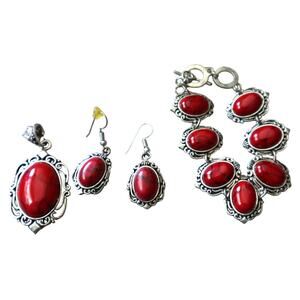 Vintage 90s Y2K Red Stone Concho Jewelry Set Pendant Earrings Bracelet Silver